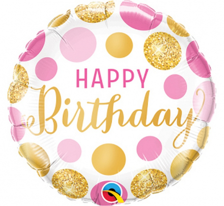 Fóliový balón 18 palcov QL, Happy Birthday Pink & Gold Dots