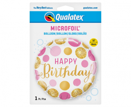 Fóliový balón 18 palcov QL, Happy Birthday Pink & Gold Dots