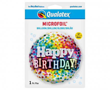 Fóliový balón 18 palcov QL, Happy Birthday Rainbow Confetti