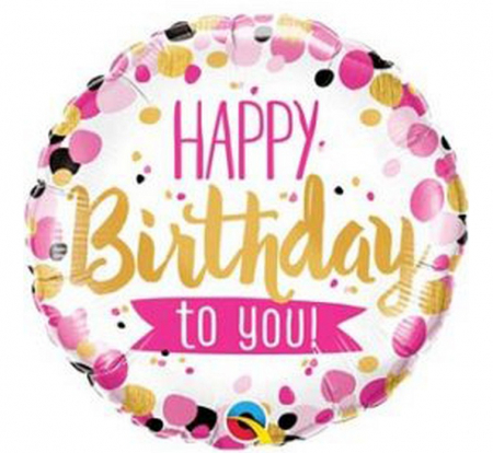 Fóliový balón 18 palcov QL, Happy Birthday To You Pink & Gold Dots