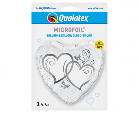 Fóliový balón 18 palcov QL, Spojené srdcia (strieborný)