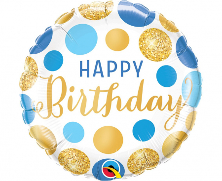 Fóliový balón 18 palcový QL CIR - Happy Birthday Blue & Gold Dots