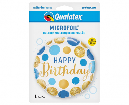 Fóliový balón 18 palcový QL CIR - Happy Birthday Blue & Gold Dots