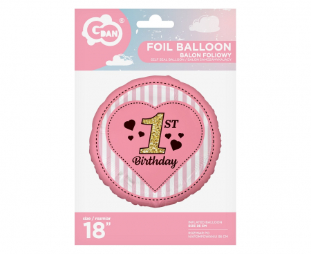 Fóliový balón číslo 1, 1st Birthday, ružový, 18