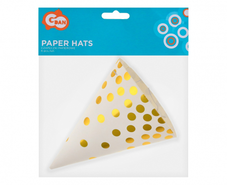 Papierové čiapky, Zlaté bodky, biela, 6 ks.