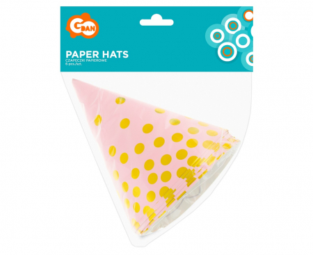 Papierové čiapky, Zlaté bodky, ružová, 6 ks.