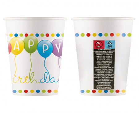 Papierové poháre Happy Birthday, 200 ml, 8 ks (WM)