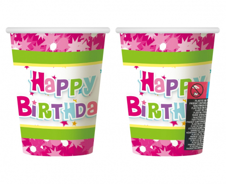 Papierové poháre HAPPY BIRTHDAY ružové, 270 ml, 6 ks.