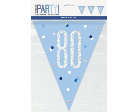 Banner Glitz 80. narodeniny, s vlajkami, modrý, 274 cm