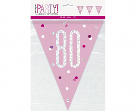 Banner Glitz 80. narodeniny, s vlajkami, ružový, 274 cm