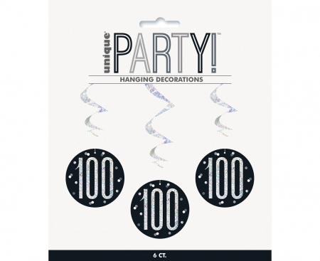 Závesná dekorácia Glitz 100. narodeniny, bodky, 81 cm, čierna, 6 ks.