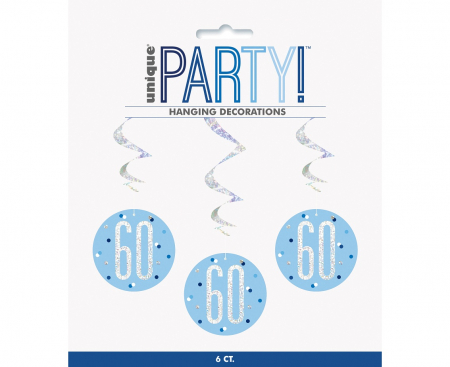 Závesná dekorácia Glitz 60. narodeniny, bodky, 81 cm, modrá, 6 ks.