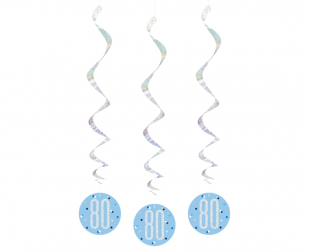 Závesná dekorácia Glitz 80. narodeniny, bodky, 81 cm, modrá, 6 ks.