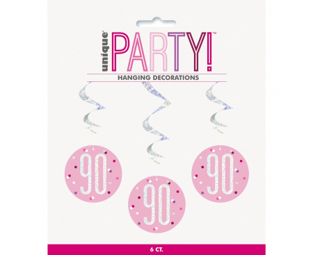 Závesná dekorácia Glitz 90. narodeniny, bodky, 81 cm, ružová, 6 ks.