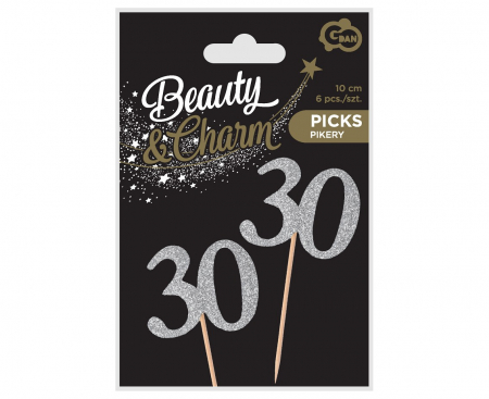 TOPPER na tortu k 30. narodeninám B&C - strieborný, 6 ks.